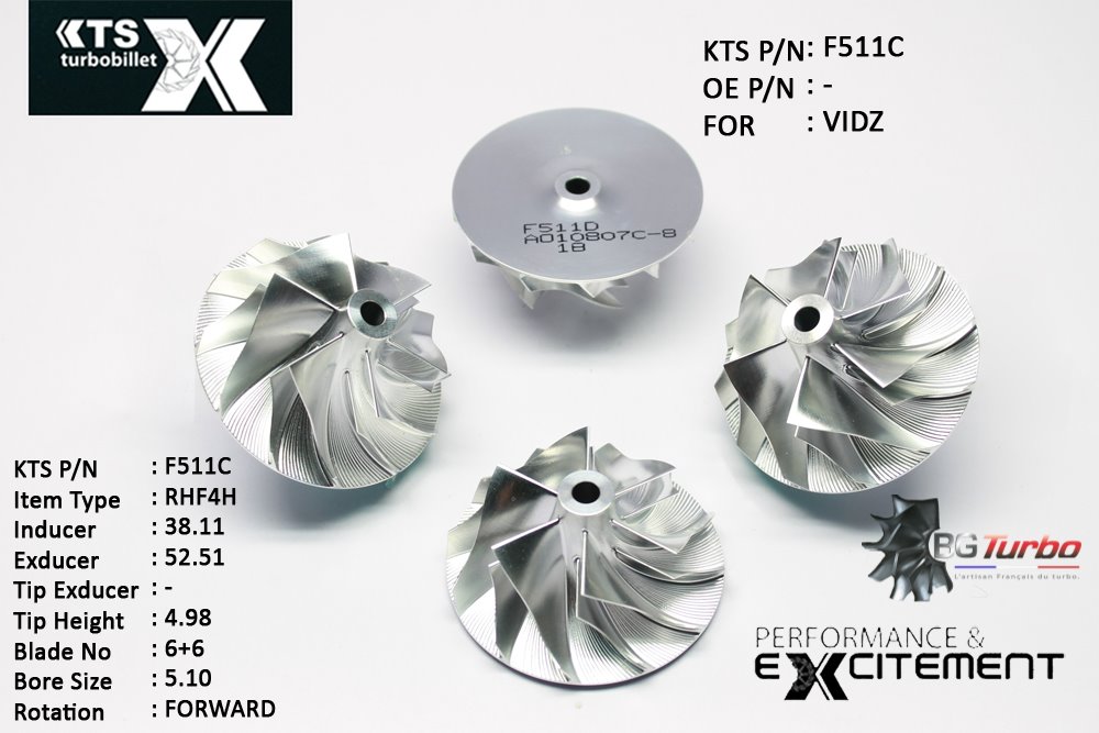 Turbo ROUE FORGÉE MFS PERFORMANCE - 6+6 PALES - INDUCER : 38,11 - EXDUCER : 52,51 - TYPE : RHF4HANGLE : 55° - ROTATION : Forward - SUPER BACK : 1,32 - BORE SIZE : 5,1
